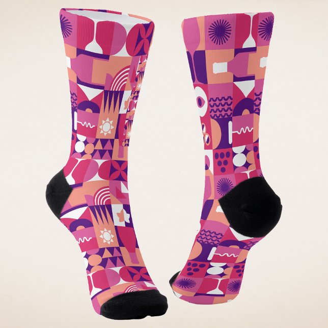Retro Pink Purple Wine Glass Bauhaus Pattern Socks (Creator Uploaded)