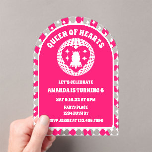 Retro Pink Queen Of Hearts Birthday Party Arch Acrylic Invitations