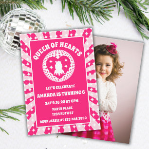 Retro Pink Queen Of Hearts Birthday Party Photo Invitation