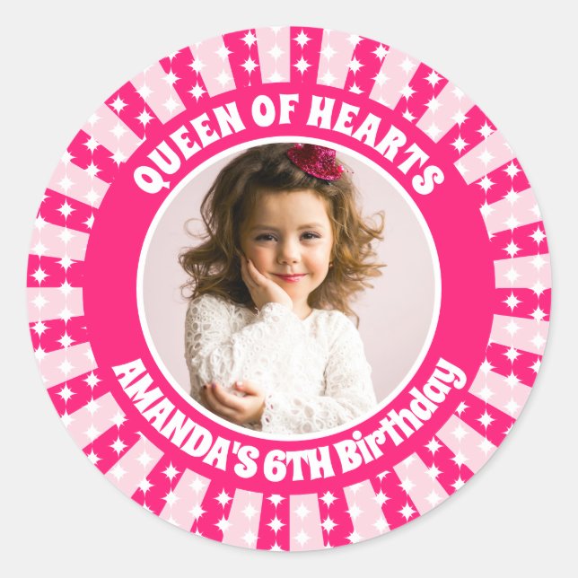 Retro Pink Queen Of Hearts Birthday Photo Classic Round Sticker (Front)