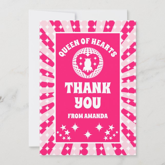 Retro Pink Queen of Hearts Birthday Thank You Card (Front)