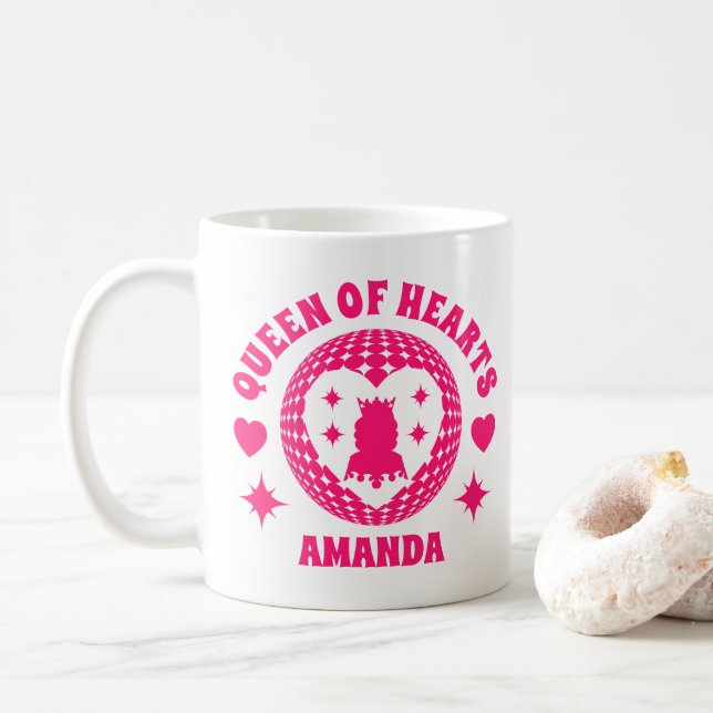 Retro Pink Queen Of Hearts Kids Birthday Mug (With Donut)