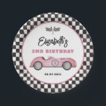 Retro Pink Race Car Two Fast Girl Birthday Paper Plate<br><div class="desc">These eye-catching paper plates blend vintage charm with playful whimsy,  featuring a beautifully illustrated retro race car in a serene shade of dusty pink.</div>