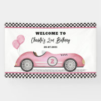 Retro Pink Race Car Two Fast Girl Birthday Welcome