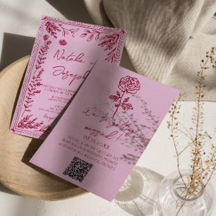 Retro Pink Raspberry QR Code Drawn Floral Wedding Invitation