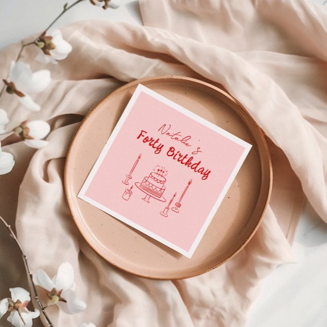 Retro Pink Red 40th Hand Drawn Cake Forty Birthday Napkin (Creator Uploaded)