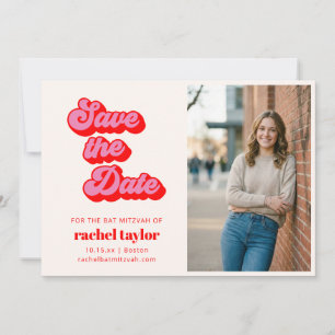 Retro Pink Red Bat Mitzvah Photo Save The Date