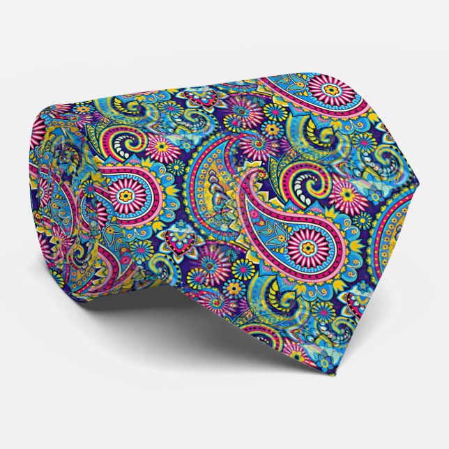 Retro Pink Red Blue Yellow Paisley Floral Pattern Tie (Rolled)