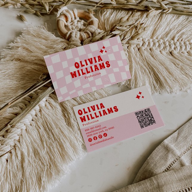 Retro Pink Red Bold Groovy QR Code Girly Chequered Business Card (Creator Uploaded)