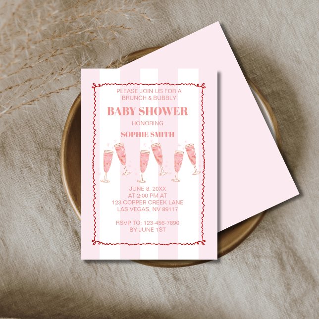 Retro Pink Red Border Brunch & Bubbly Baby Shower Invitation (Creator Uploaded)