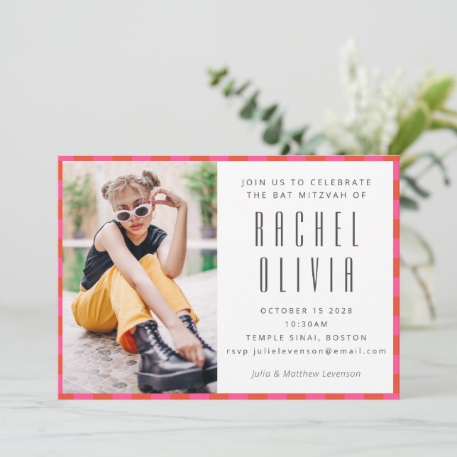 Retro Pink Red Chequerboard Bat Mitzvah Photo  Invitation (Standing Front)