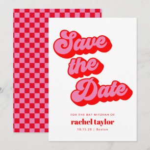 Retro Pink Red Chequerboard Bat Mitzvah  Save The Date
