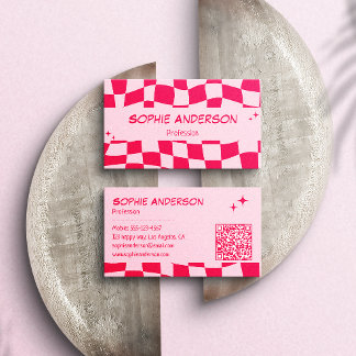 Retro Pink & Red Chequerboard QR Code Business Card