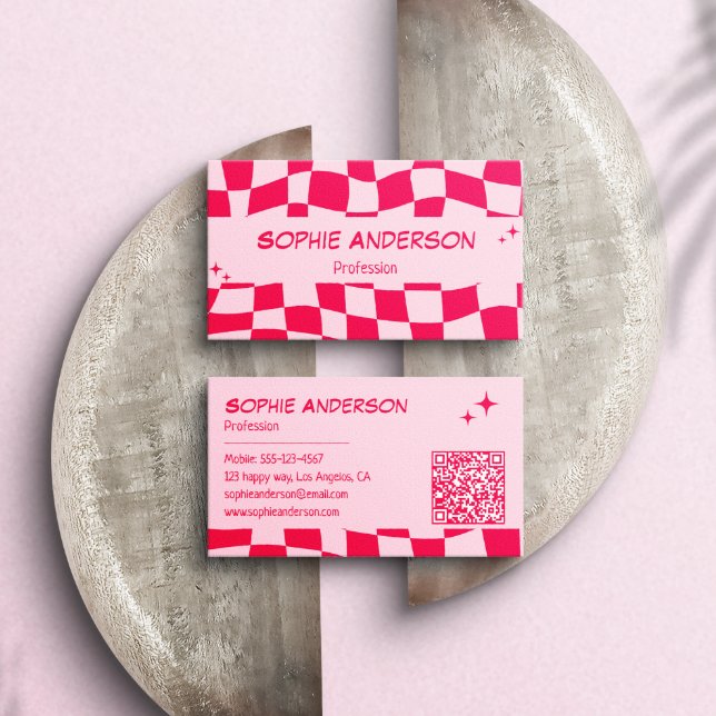 Retro Pink & Red Chequerboard QR Code Business Card (Creator Uploaded)