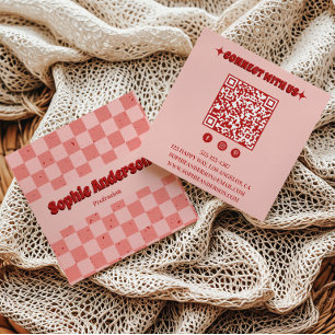Retro Pink & Red Chequerboard with QR Code Square Business Card