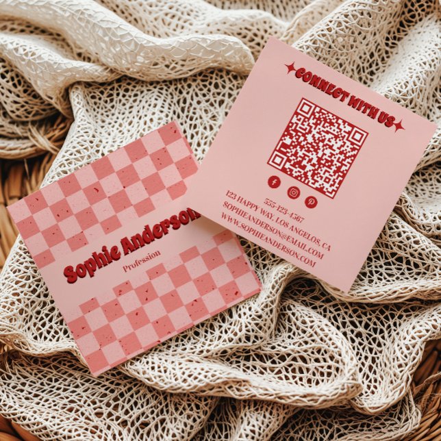 Retro Pink & Red Chequerboard with QR Code Square Business Card (Creator Uploaded)