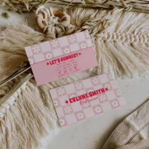 Retro Pink Red Chequered Groovy Floral Boho Trendy Business Card