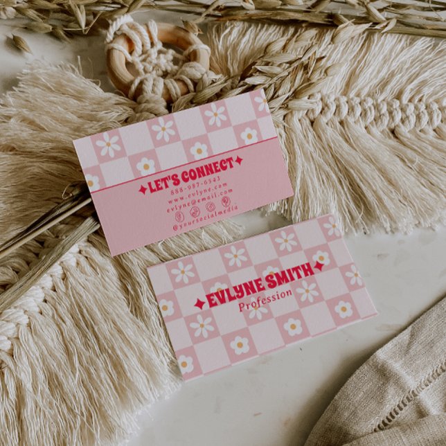 Retro Pink Red Chequered Groovy Floral Boho Trendy Business Card (Creator Uploaded)