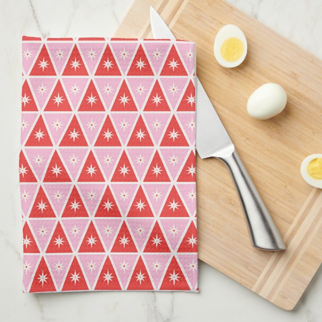 Retro Pink & Red Christmas Geometric Tea Towel (Quarter Fold)
