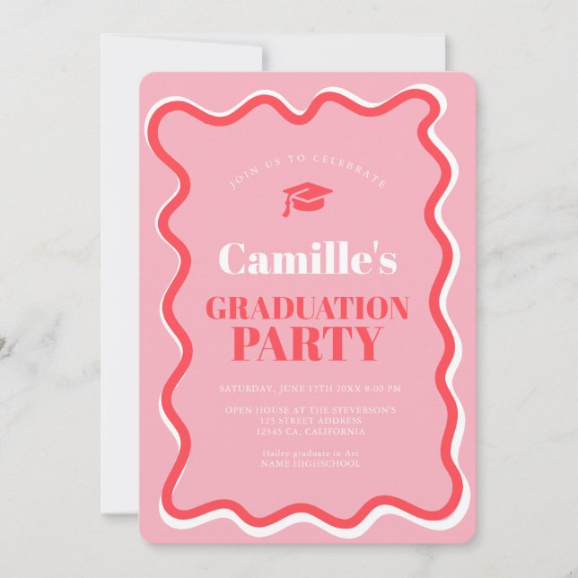 Retro pink red curve squiggle wavy graduation invitation (Front)