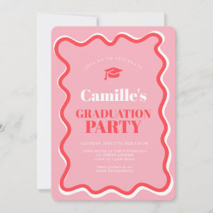 Retro pink red curve squiggle wavy graduation invitation