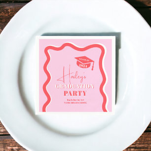 Retro pink red curve squiggle wavy graduation napkin
