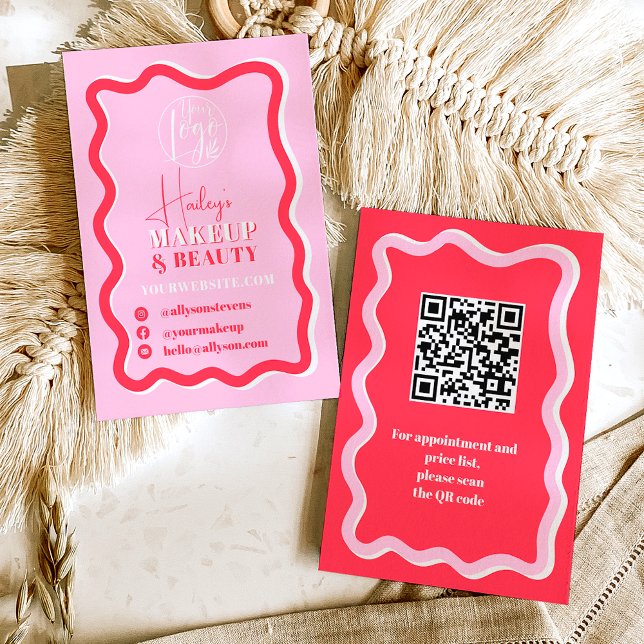 Retro pink red curve squiggle wavy makeup beauty business card (Retro pink red curve squiggle wavy makeup beauty business card)