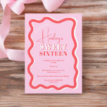 Retro pink red curve squiggle wavy Sweet 16 Invitation<br><div class="desc">A cool bold name Sweet 16 birthday invitation with Retro pink red curve squiggle wavy funky photo. All the text,  names and background colours are customisable !</div>