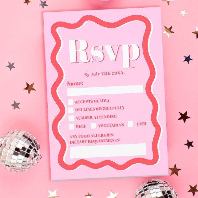 Retro pink red curve squiggle wavy wedding invitation (Creator Uploaded)