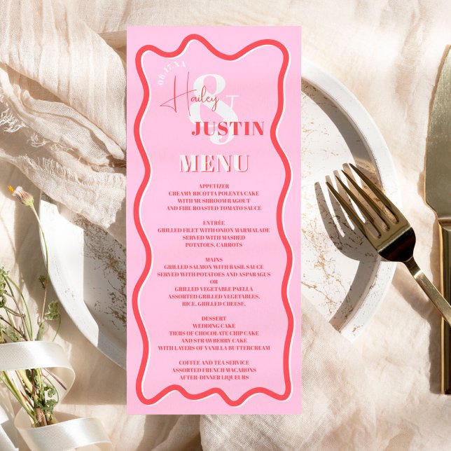 Retro pink red curve squiggle wavy wedding  menu (Creator Uploaded)