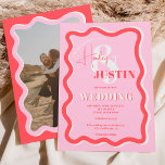 Retro pink red curve squiggle wavy wedding photo invitation<br><div class="desc">A cool bold names wedding invitation with custom names with a hand written calligraphy and serif font,  2 names ,  two styles with Retro pink red curve squiggle wavy wedding photo. All the text,  names and background colours are customisable  for you to mix and match your wedding suite.</div>