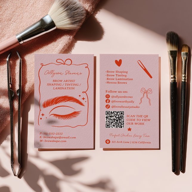 Retro Pink Red Doodles Brow Artist QR Code Business Card (Retro Pink Red Doodles Brow Artist QR Code Business Card)