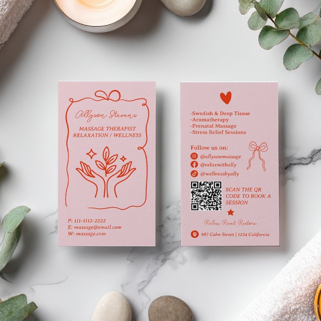 Retro Pink Red Doodles Massage Therapist QR Code Business Card (Retro Pink Red Doodles Massage Therapist QR Code Business Card)