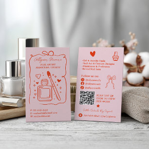 Retro Pink Red Doodles Nails Artist QR Code Business Card