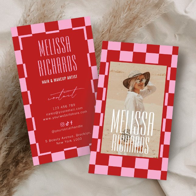 Retro Pink Red Groovy Beauty Salon Custom Photo Business Card (Creator Uploaded)