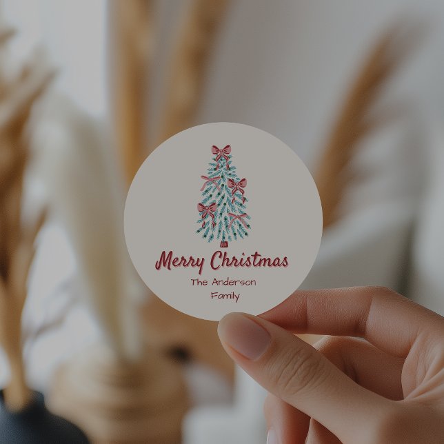 Retro Pink Red Hand Drawn Ribbons Tree Christmas Classic Round Sticker (Creator Uploaded)