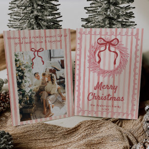 Retro Pink Red Hand Drawn Wreath Bow Christmas  Holiday Card