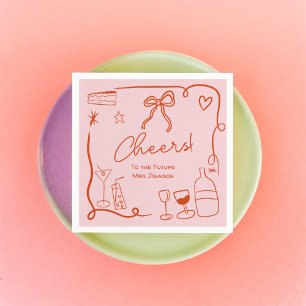 Retro pink red handdrawn illustrated bridal shower napkin