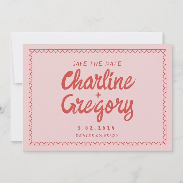 Retro Pink Red Handwriting Wedding Save the Date Invitation (Front)