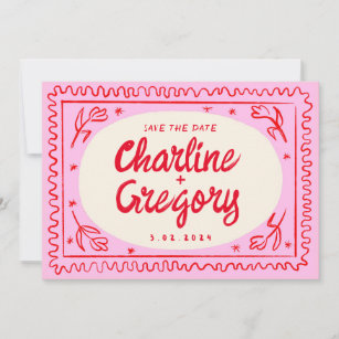 Retro Pink Red Handwriting Wedding Save the Date Invitation