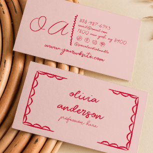 Retro Pink Red Handwritten Drawn Quirky Boho Girly Business Card