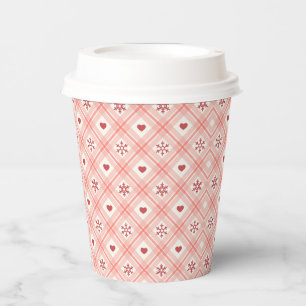 Retro Pink, Red Heart And Snowflakes Pattern Paper Cups