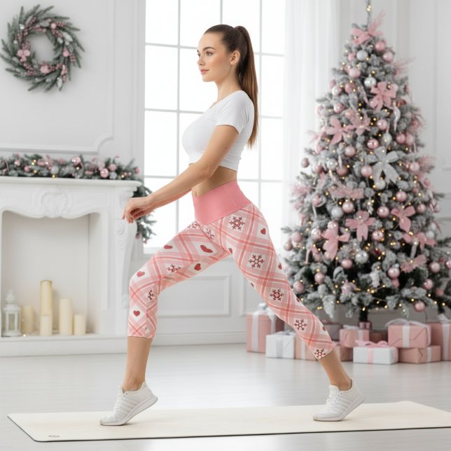 Retro Pink & Red Heart Snowflakes Capri Leggings  (Creator Uploaded)