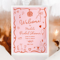 Retro pink red  illustrated welcome bridal shower