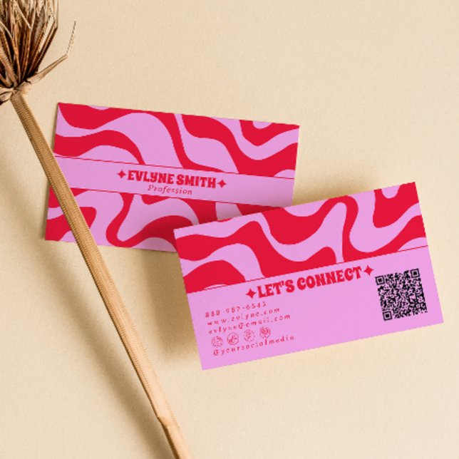 Retro Pink Red QR Code Boho Groovy Funky Trendy  Business Card (Creator Uploaded)