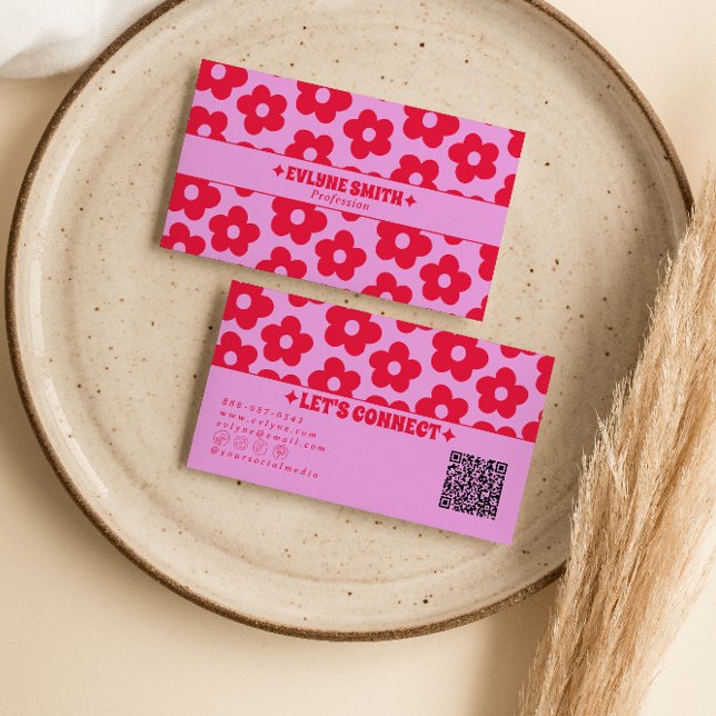 Retro Pink Red QR Code Groovy Floral Boho Girly  Business Card (Creator Uploaded)