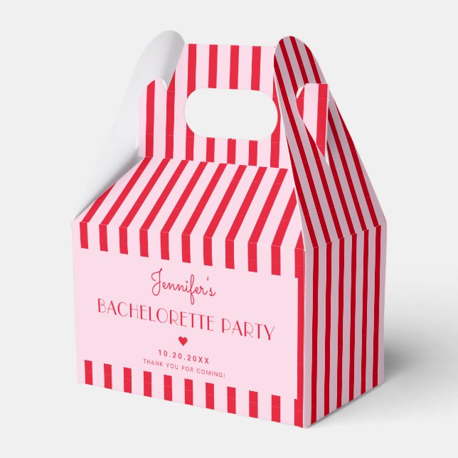 Retro Pink & Red Stripes Bachelorette Party Favour Box (Front Side)
