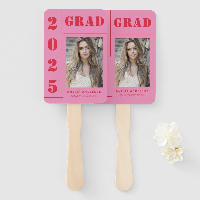Retro Pink Red Typography Photo Graduation Party Hand Fan (Front and Back)