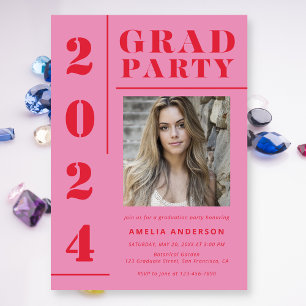 Retro Pink Red Typography Photo Graduation Party Invitation