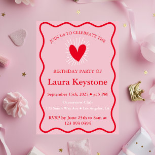 Retro Pink & Red Wavy Birthday Invitation